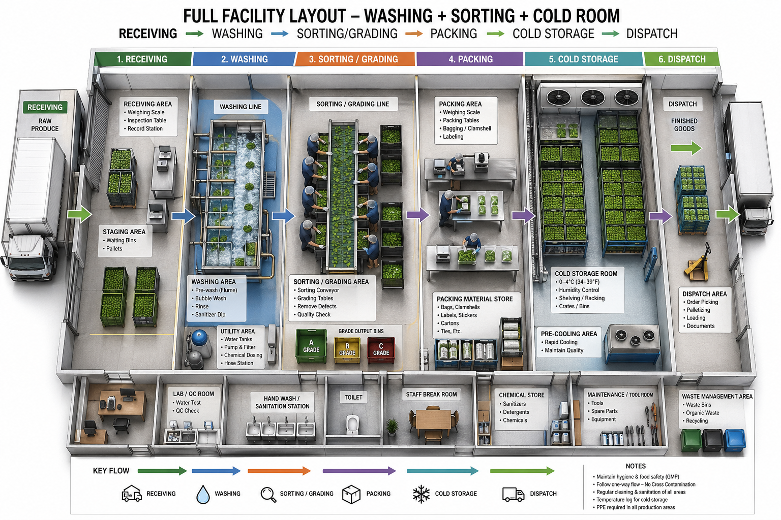 Full produce processing facility layout