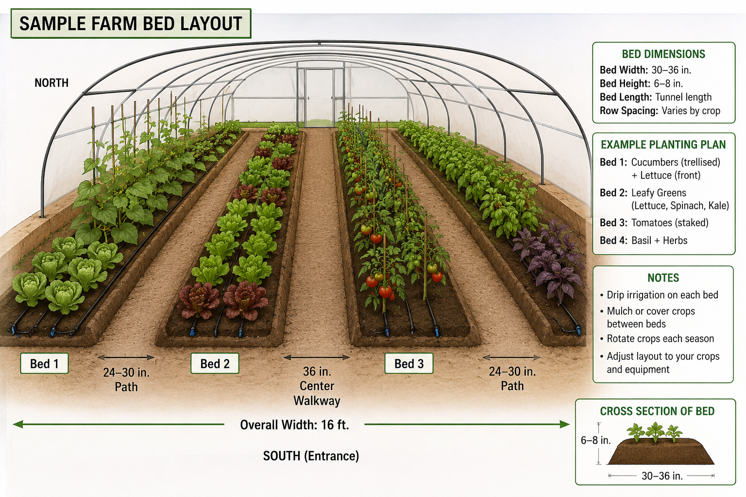 Farm bed layout in tunnel greenhouse